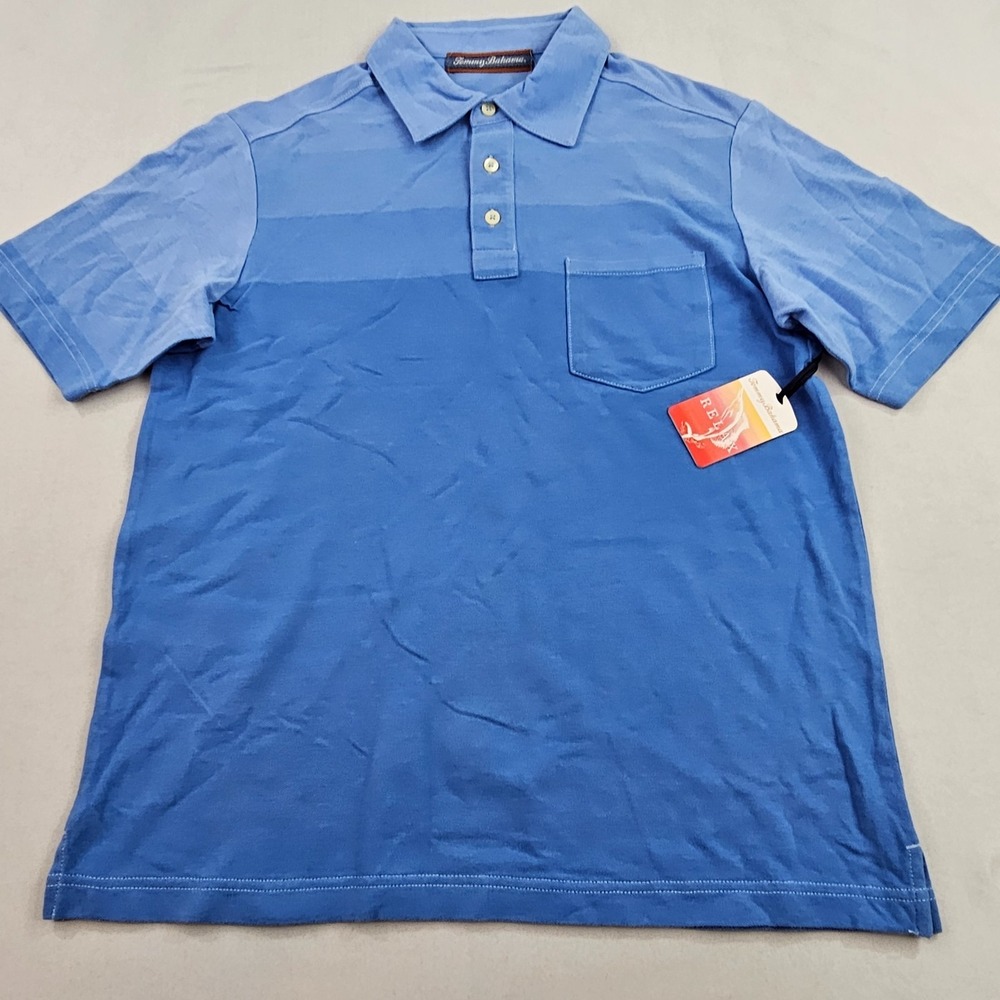 Tommy Bahama polo shirt mens M Medium blue 3 button cotton pocket slim 40"